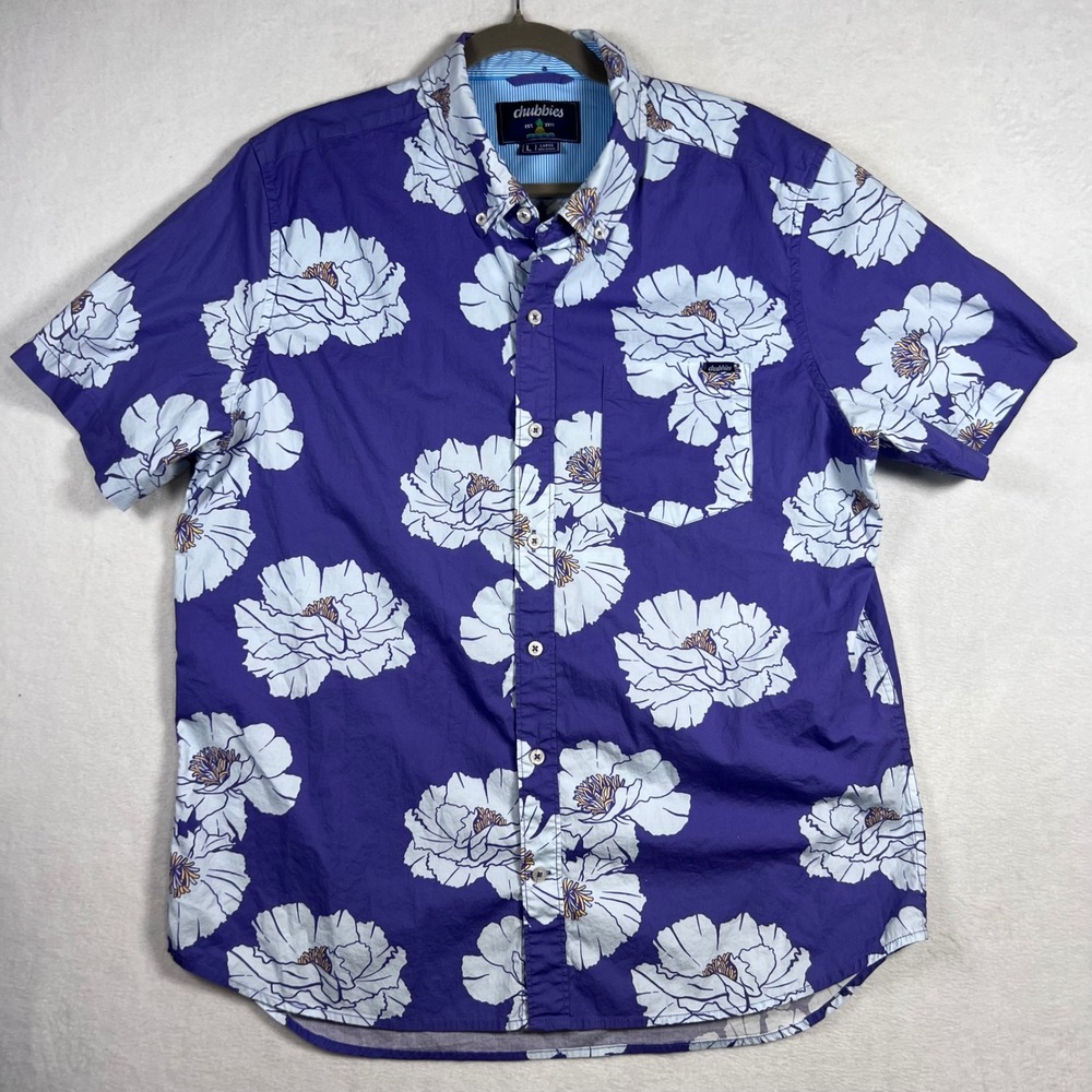 Chubbies Mens Purple White Floral Short Sleeve Button Down Shirt Large Surf